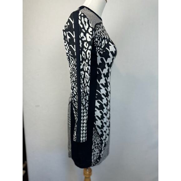 Joseph Ribkoff Sz 6 Dress Mixed Pattern Black Gray Fitted Plaid Animal Print - Picture 4 of 6